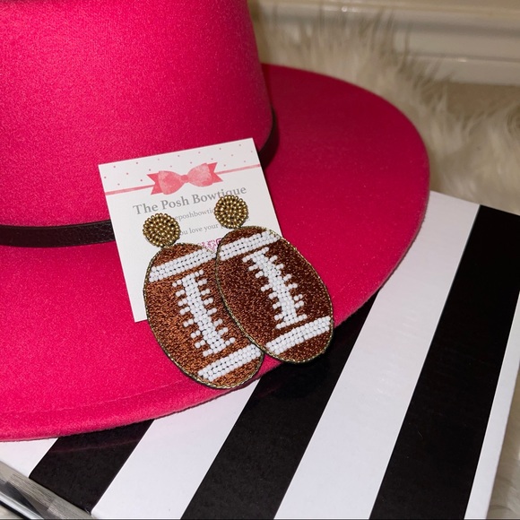 Football Seed Beaded Game Day Brown Oval Earrings with White Bead Laces - Picture 8 of 10